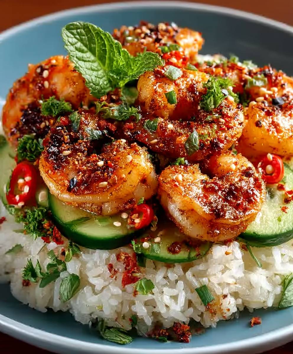 Knuspriger Reis Garnelen Salat