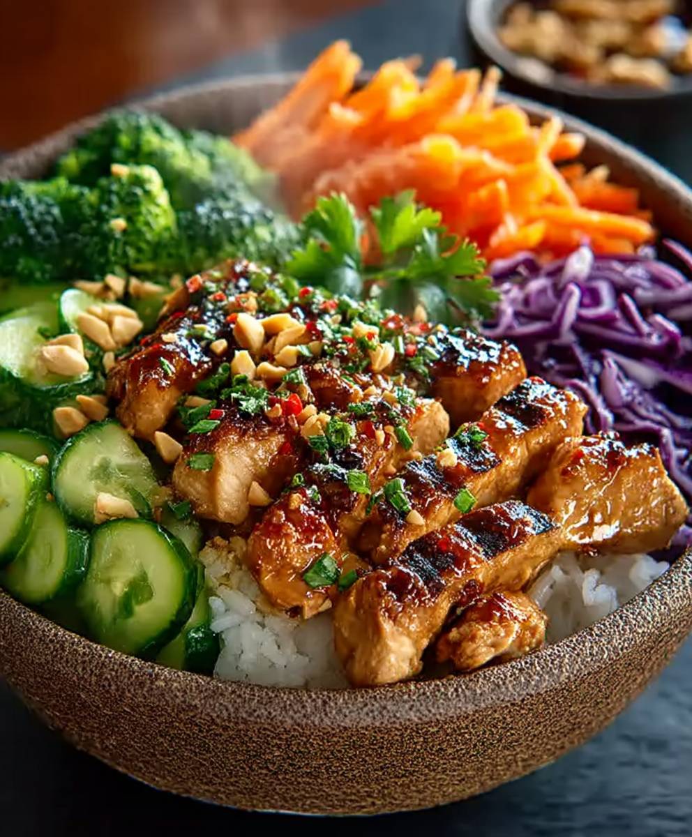 Thai Erdnuss Hähnchen Bowl