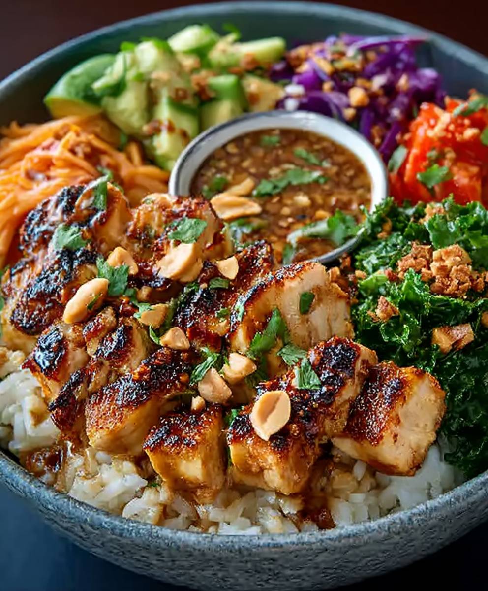 Thai Erdnuss Hähnchen Bowl
