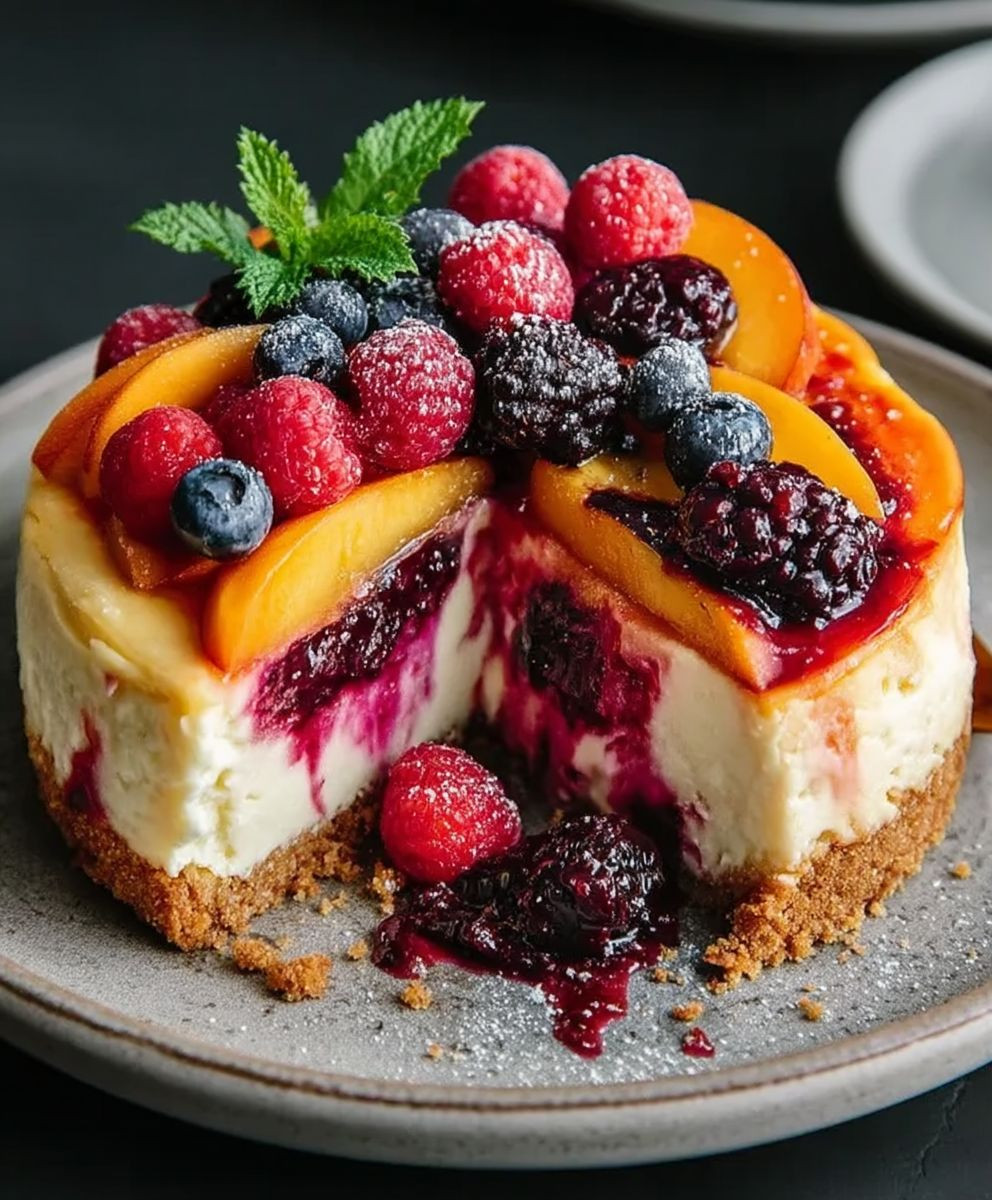 Sommer Beeren Pfirsich Käsekuchen