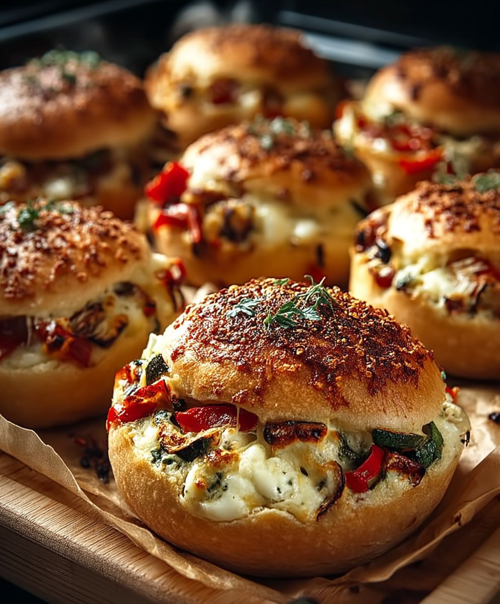 Überbackene Brötchen mit Gemüse Käse