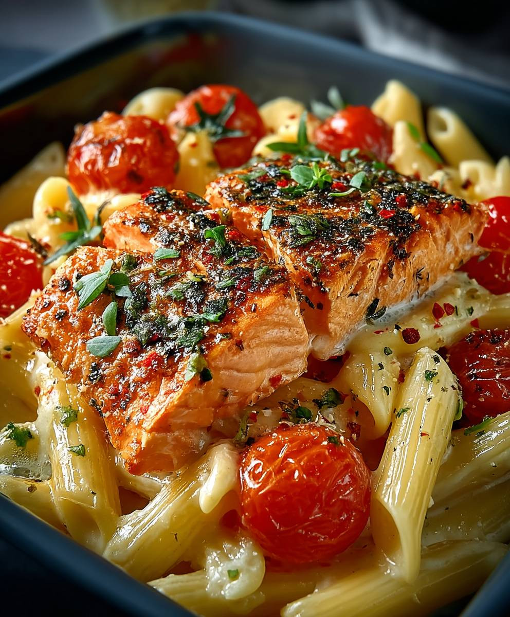 Ofen Lachs Pasta Tomaten