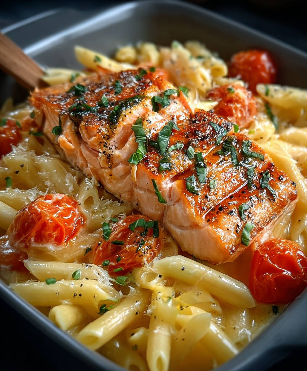 Ofen Lachs Pasta Tomaten