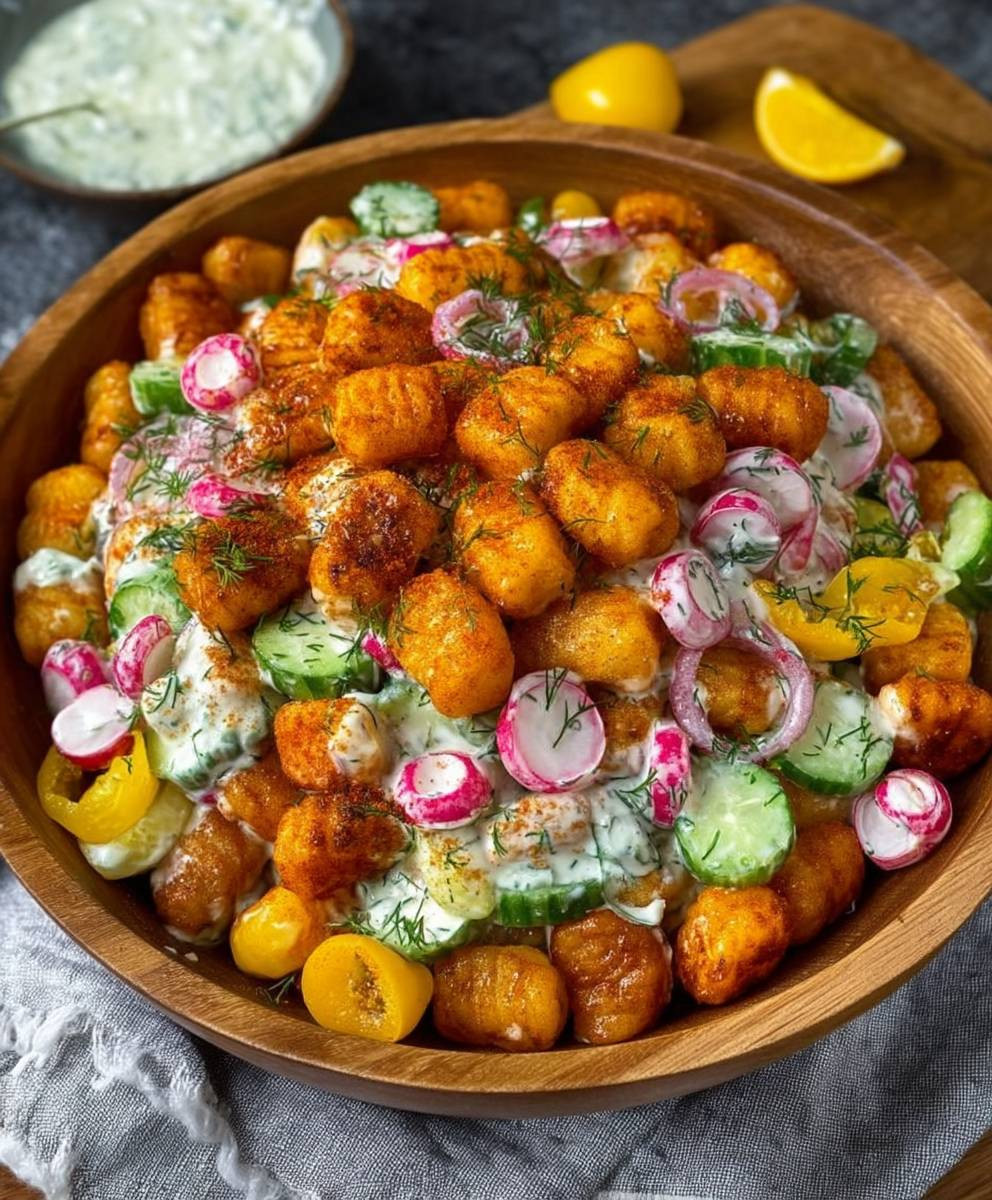 Knuspriger Gnocchi Salat mit Gemüse