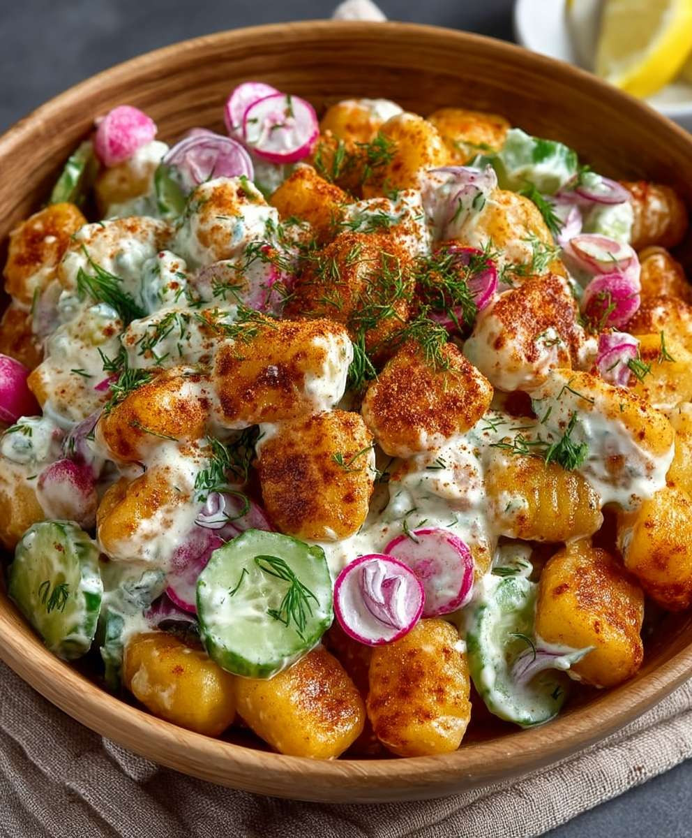Knuspriger Gnocchi Salat mit Gemüse