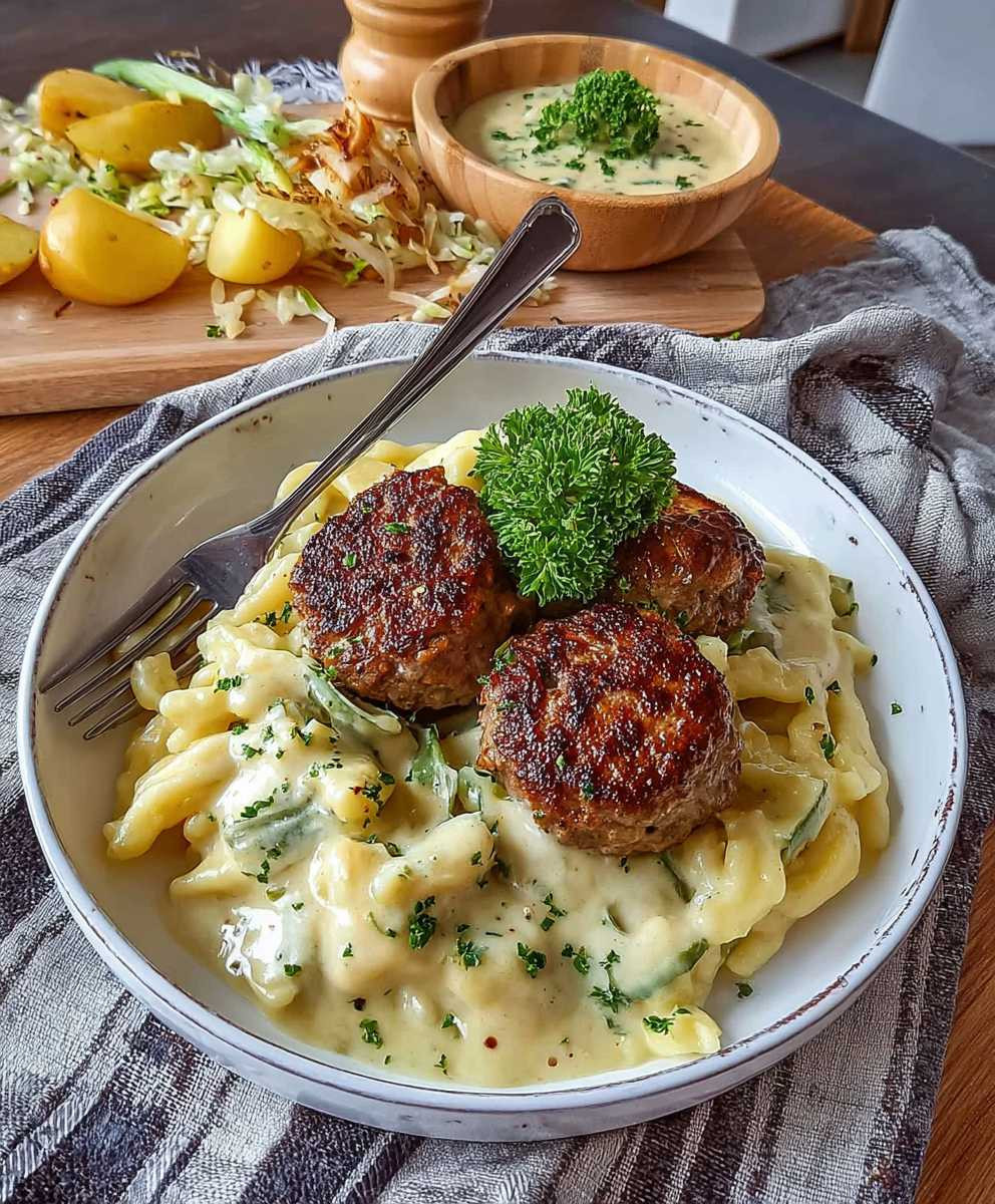 Kohlrabigemüse mit Frikadellen Spätzle