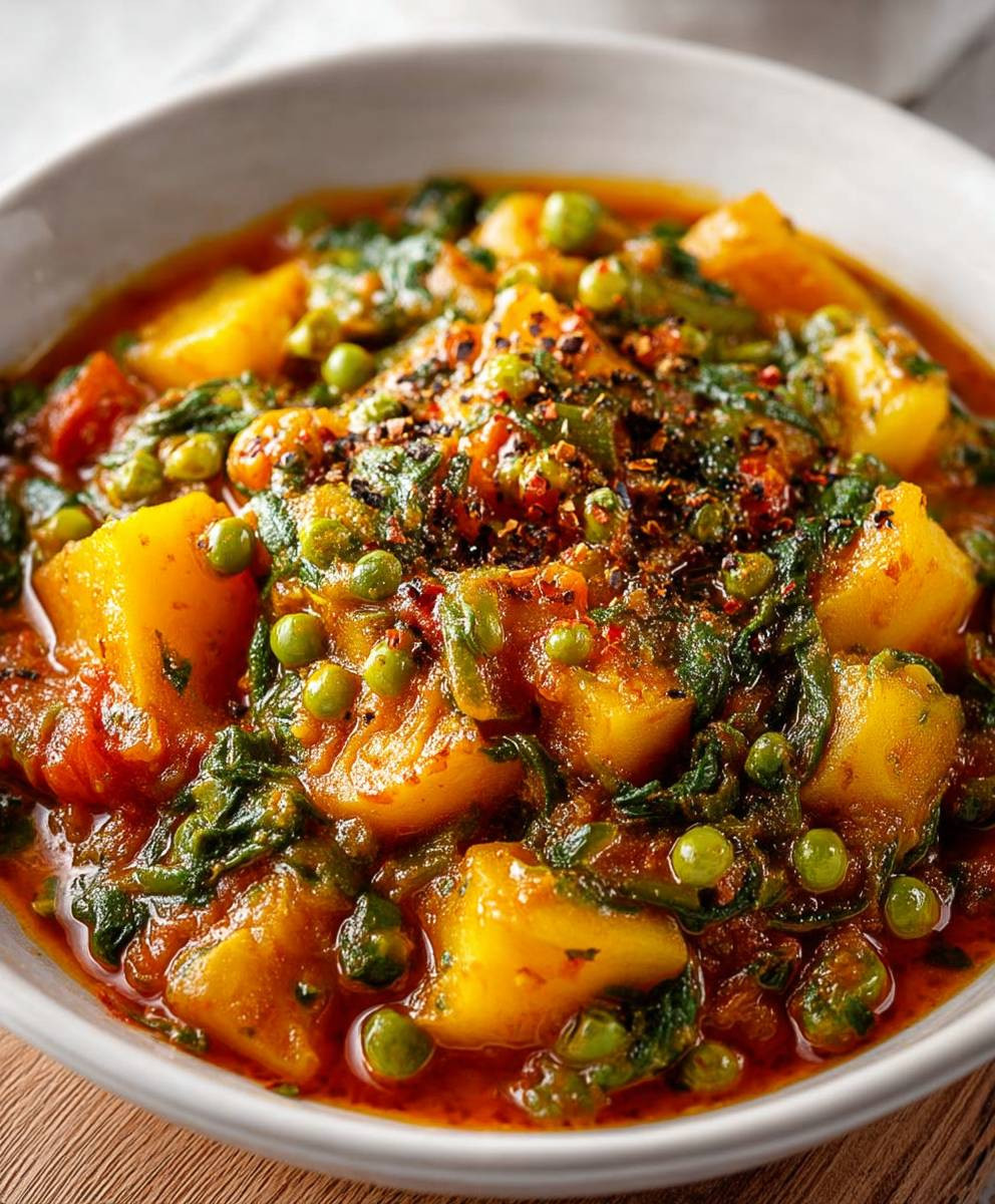 Veganes Kartoffelcurry Spinat Erbsen