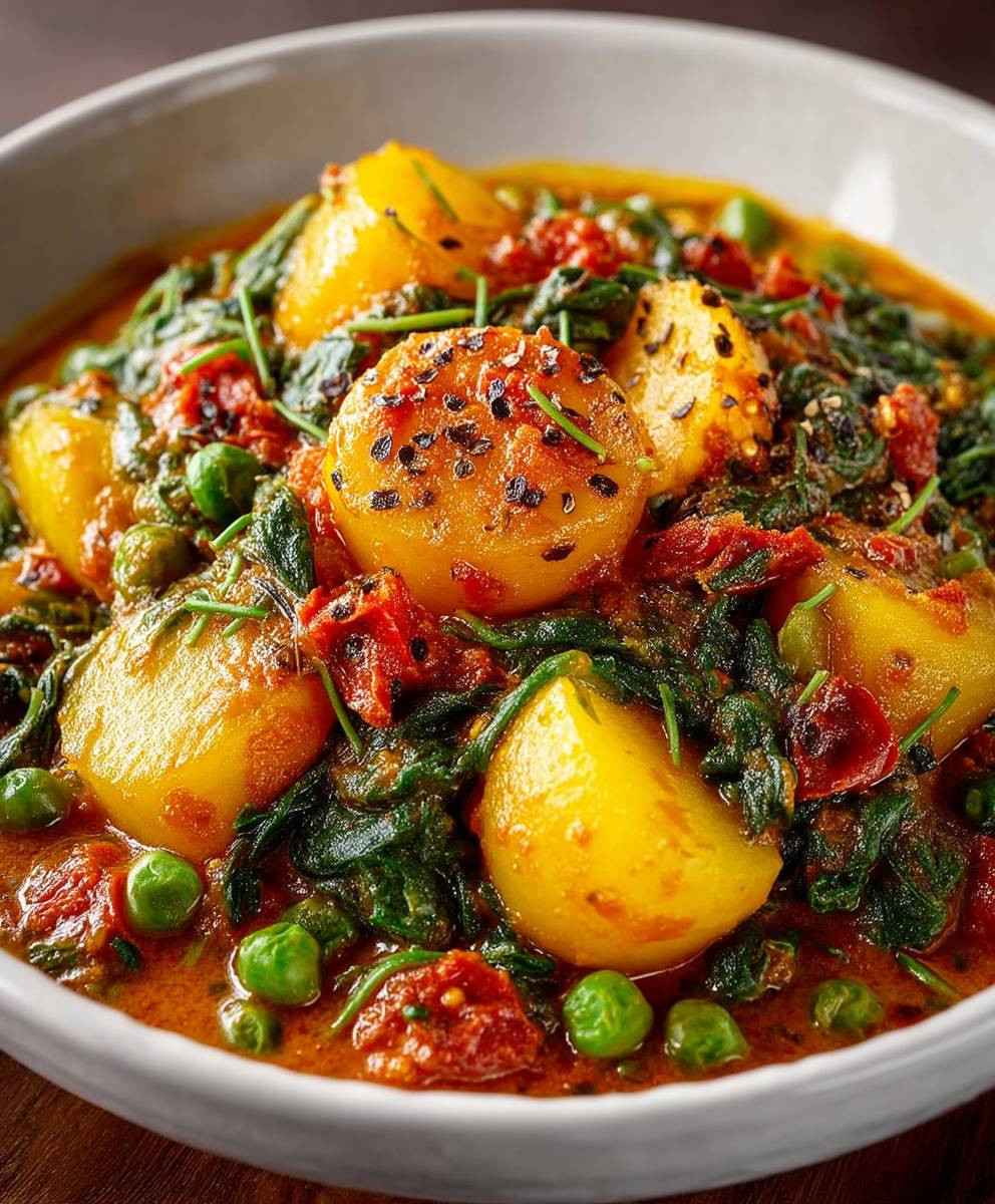 Veganes Kartoffelcurry Spinat Erbsen