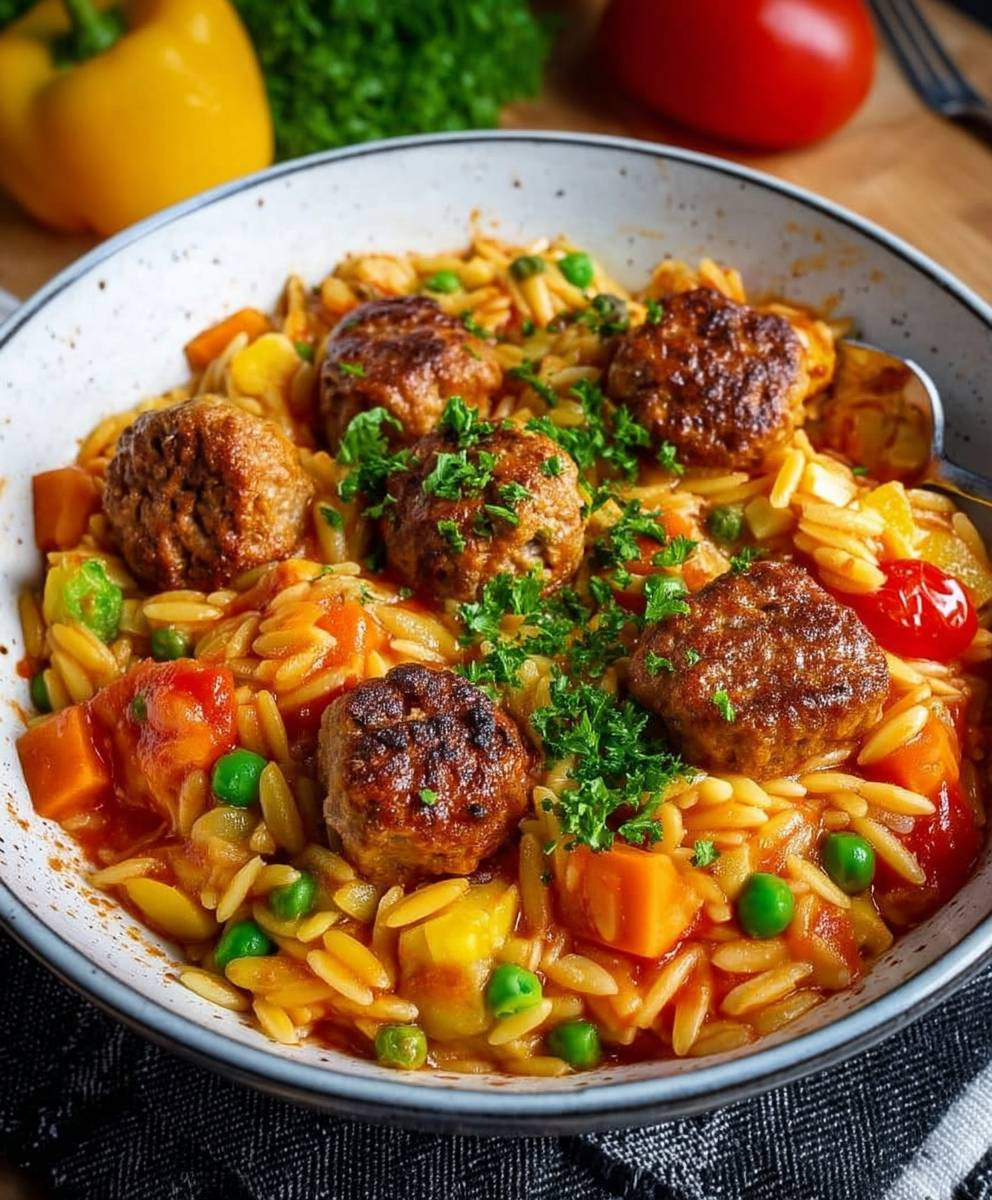 Orzo Pfanne mit Hackbällchen