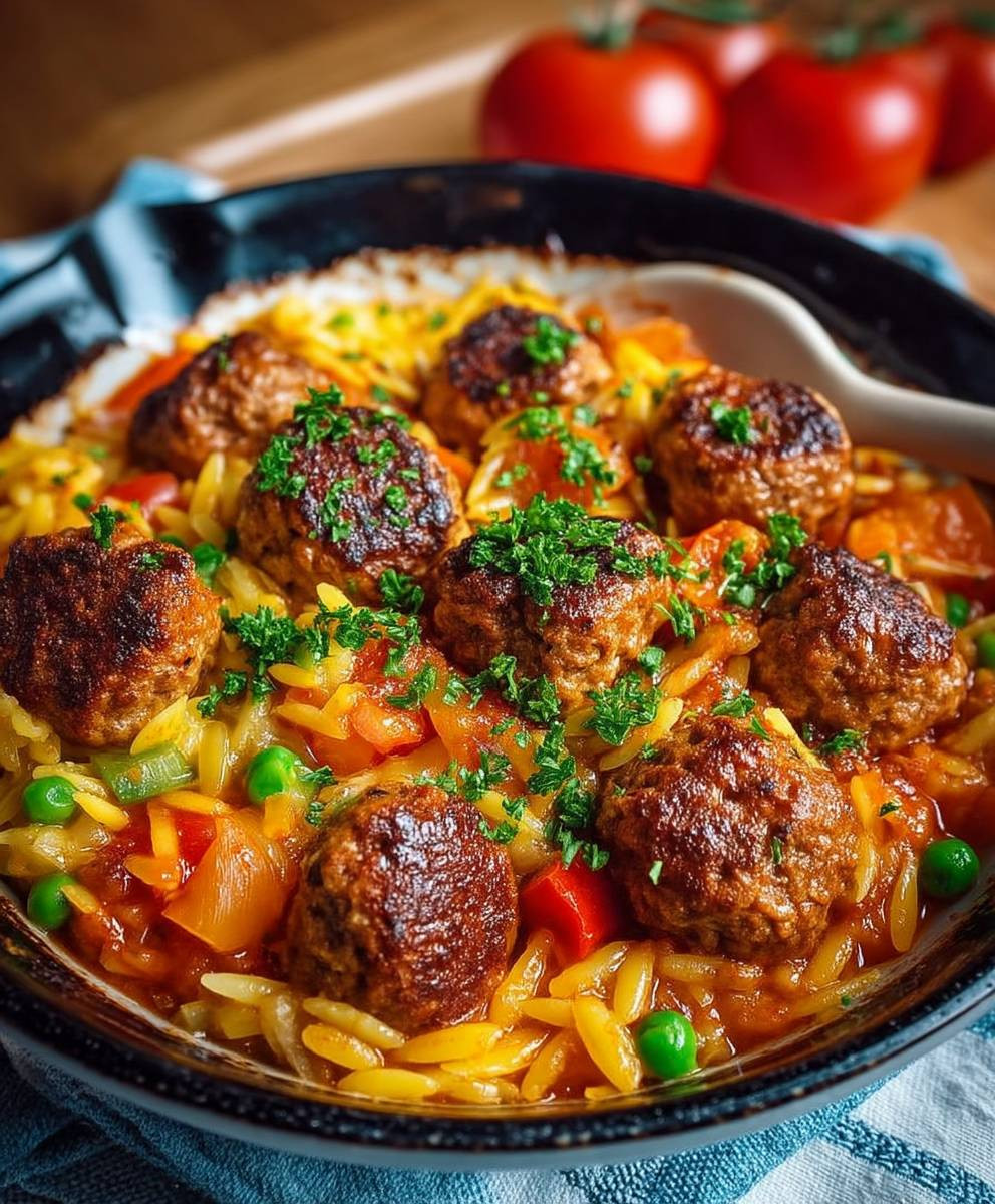 Orzo Pfanne mit Hackbällchen
