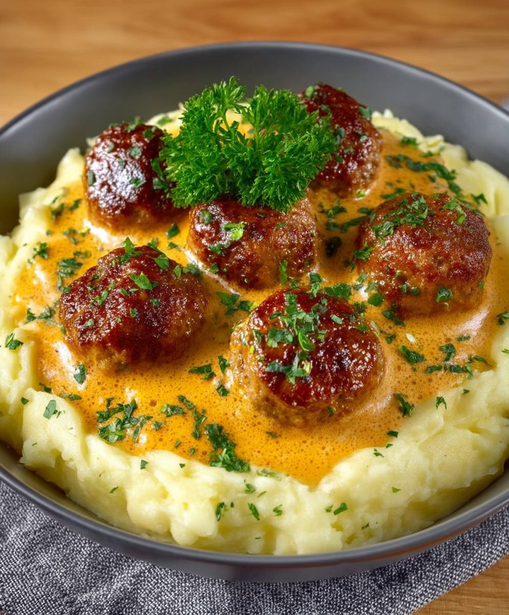 Hackbällchen cremige Sauce Kartoffelpüree