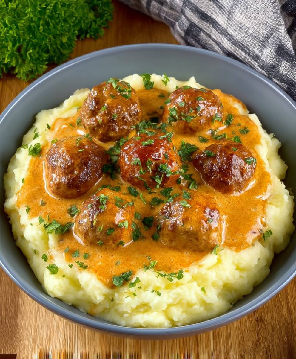 Hackbällchen cremige Sauce Kartoffelpüree