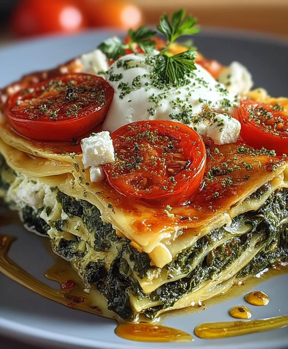 Spinatlasagne Feta Tomaten vegetarisch