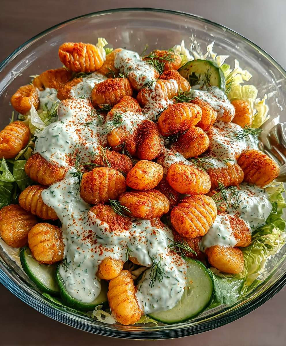 Knuspriger Gnocchi Salat Joghurt Dressing