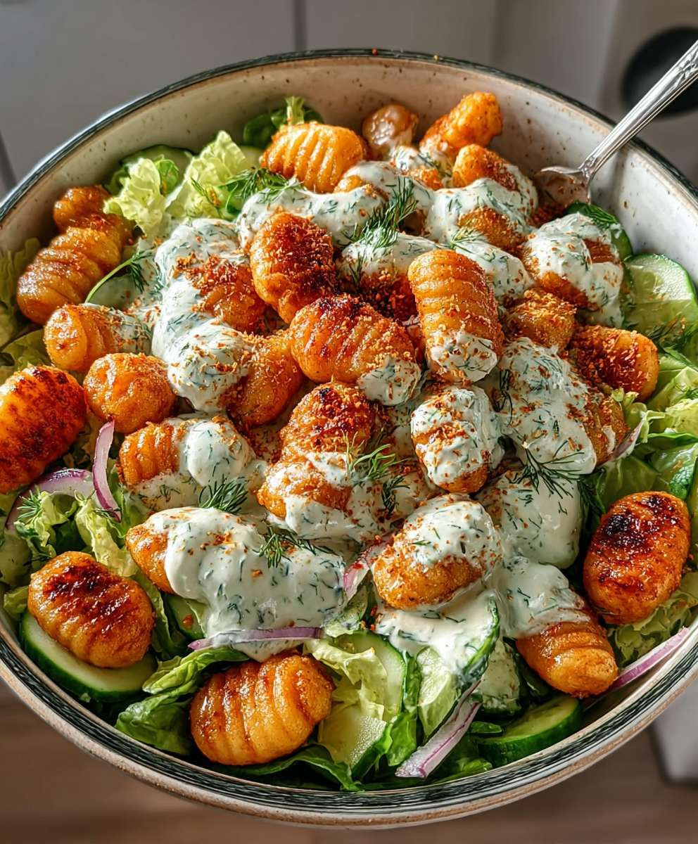 Knuspriger Gnocchi Salat Joghurt Dressing