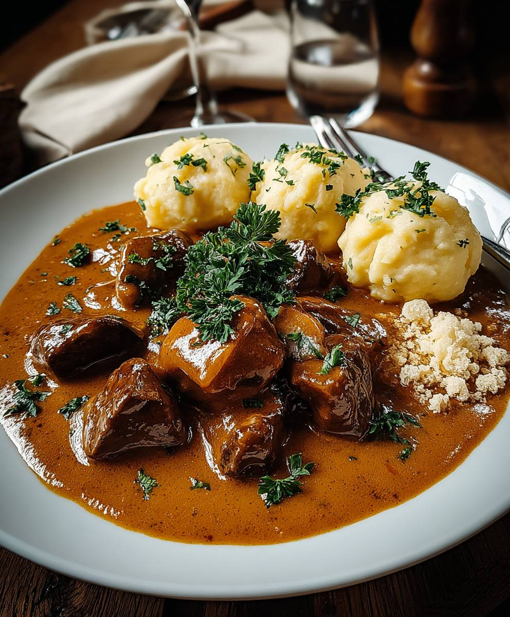 Rahmgulasch mit Serviettenknödel