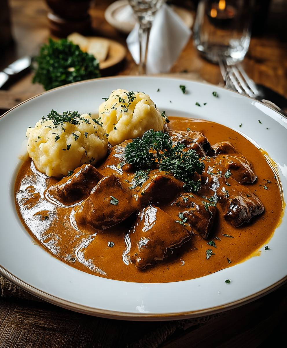 Rahmgulasch mit Serviettenknödel