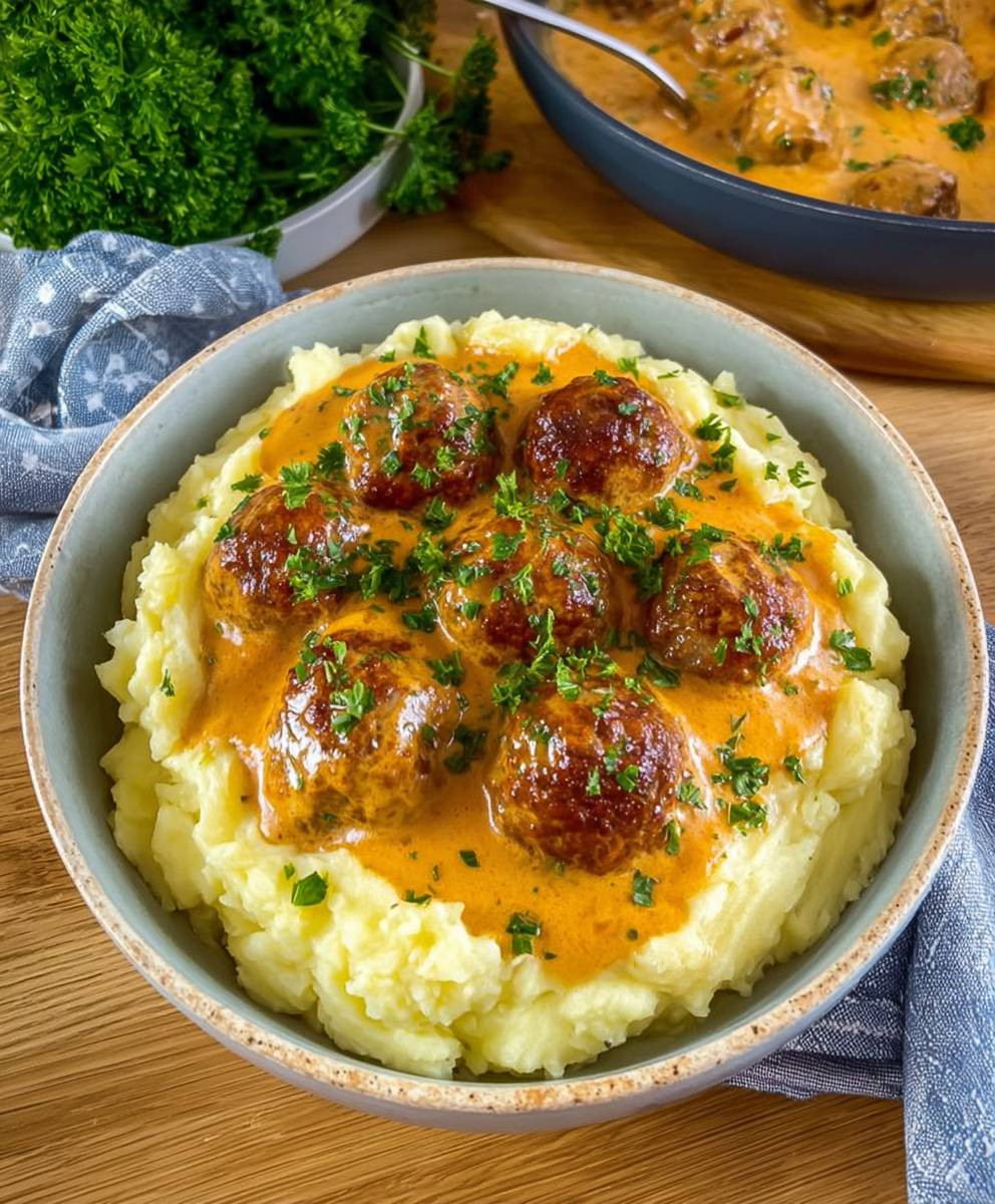 Hackbällchen cremiger Sauce Kartoffelpüree
