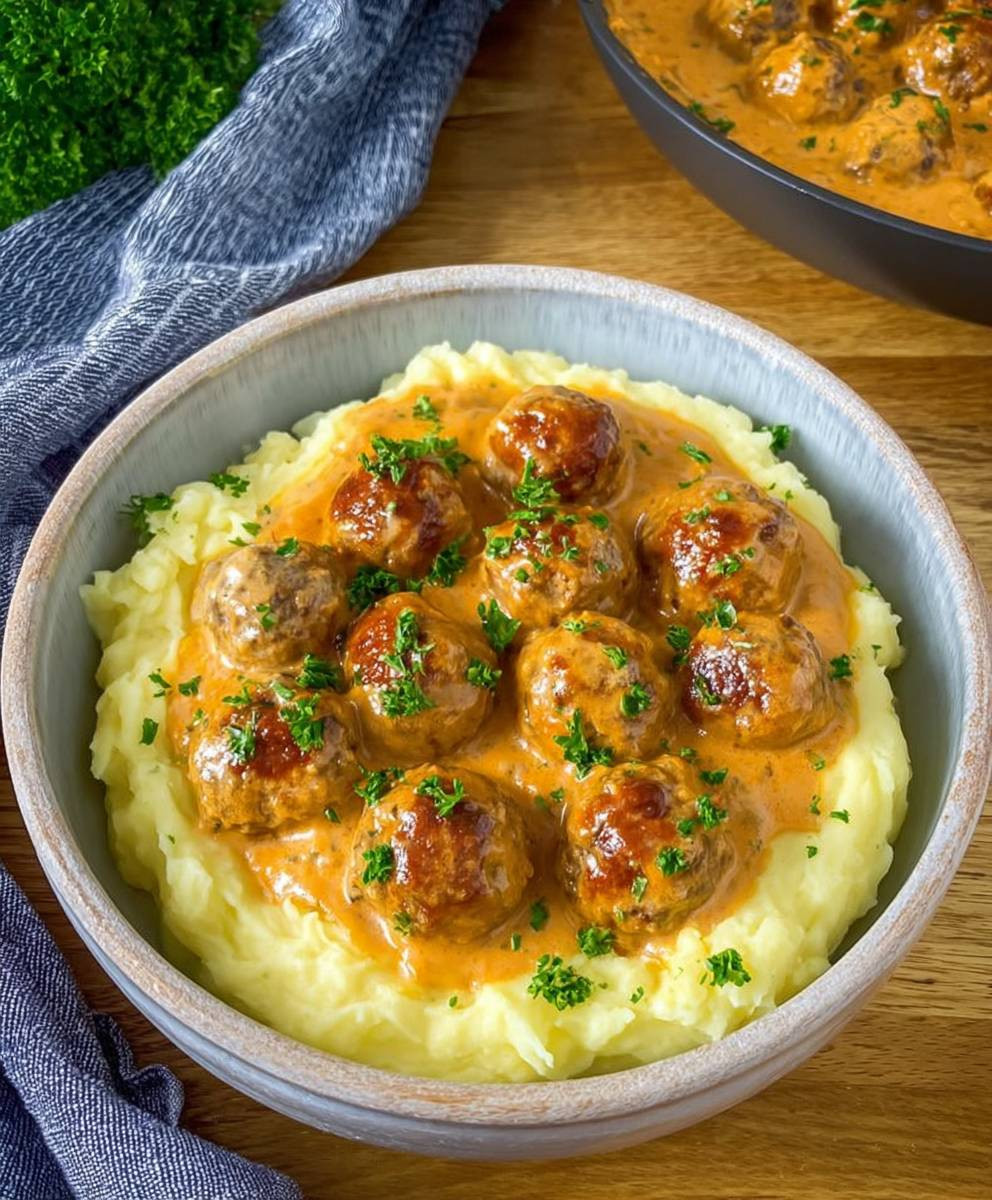 Hackbällchen cremiger Sauce Kartoffelpüree
