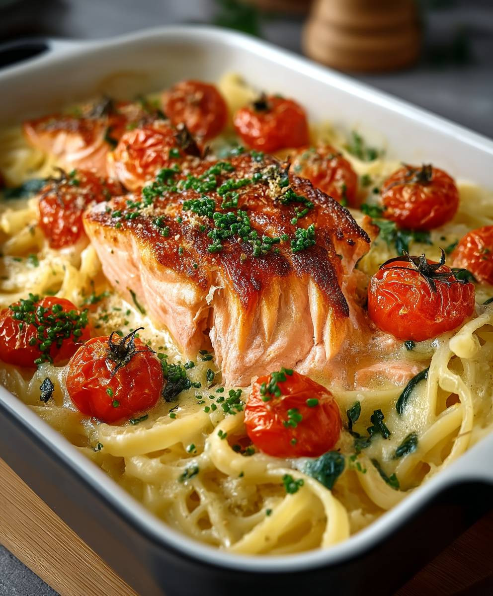 Ofen Lachs Pasta Tomaten