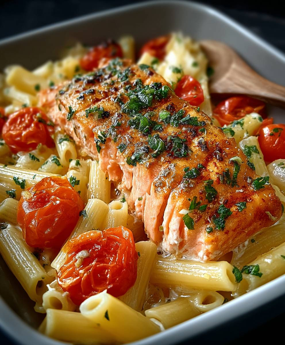Ofen Lachs Pasta Tomaten