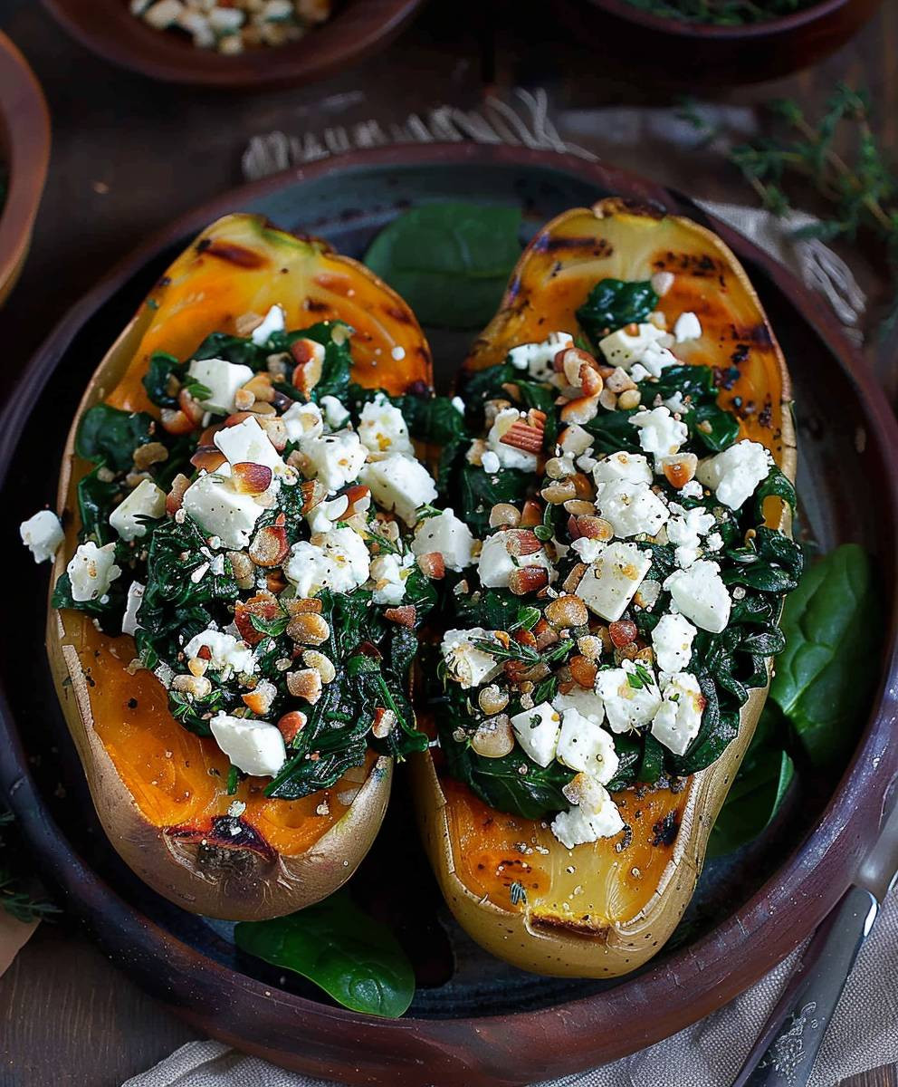 Gefüllte Süßkartoffel Spinat Feta