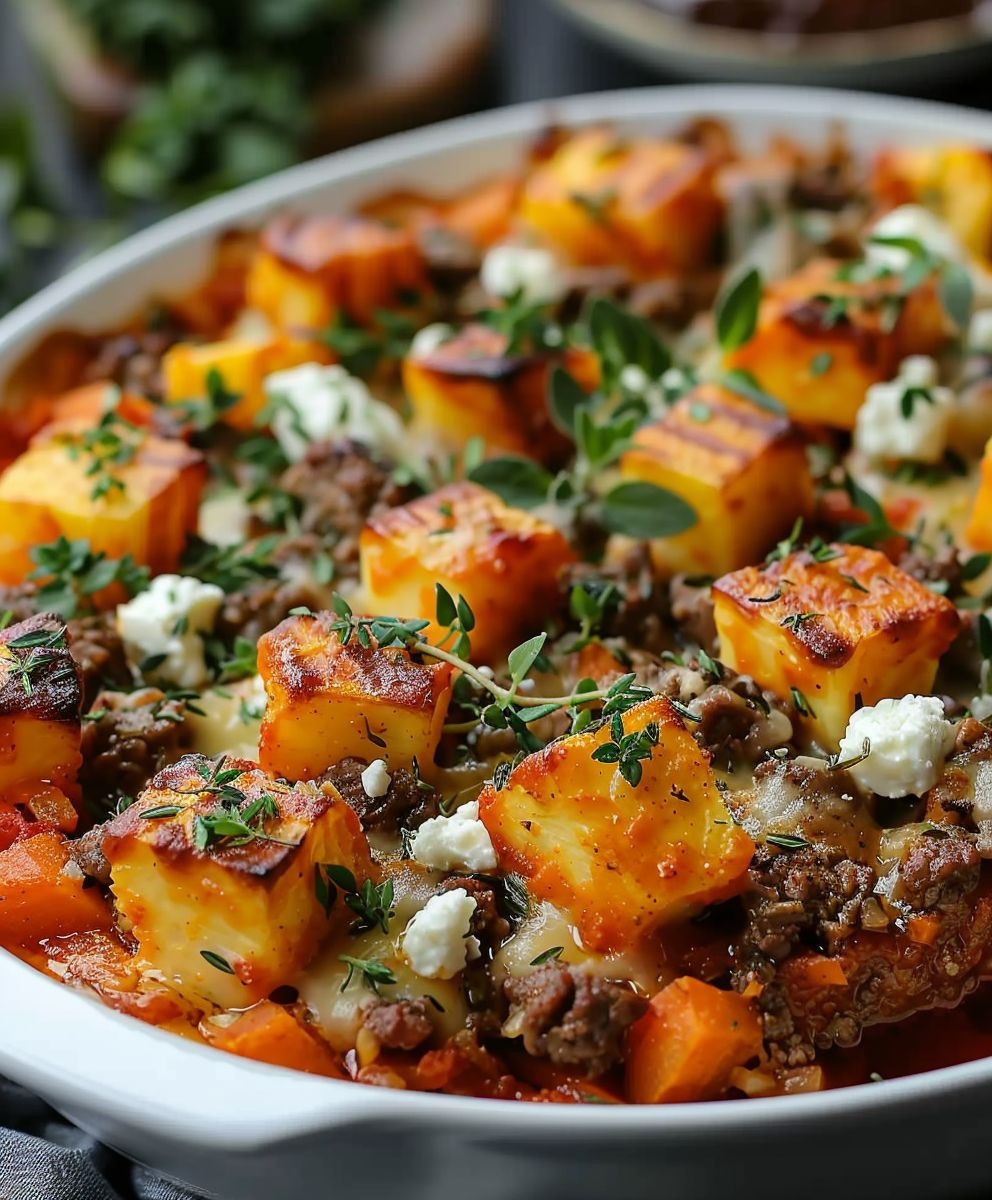 Süßkartoffel Hackfleisch Auflauf Feta