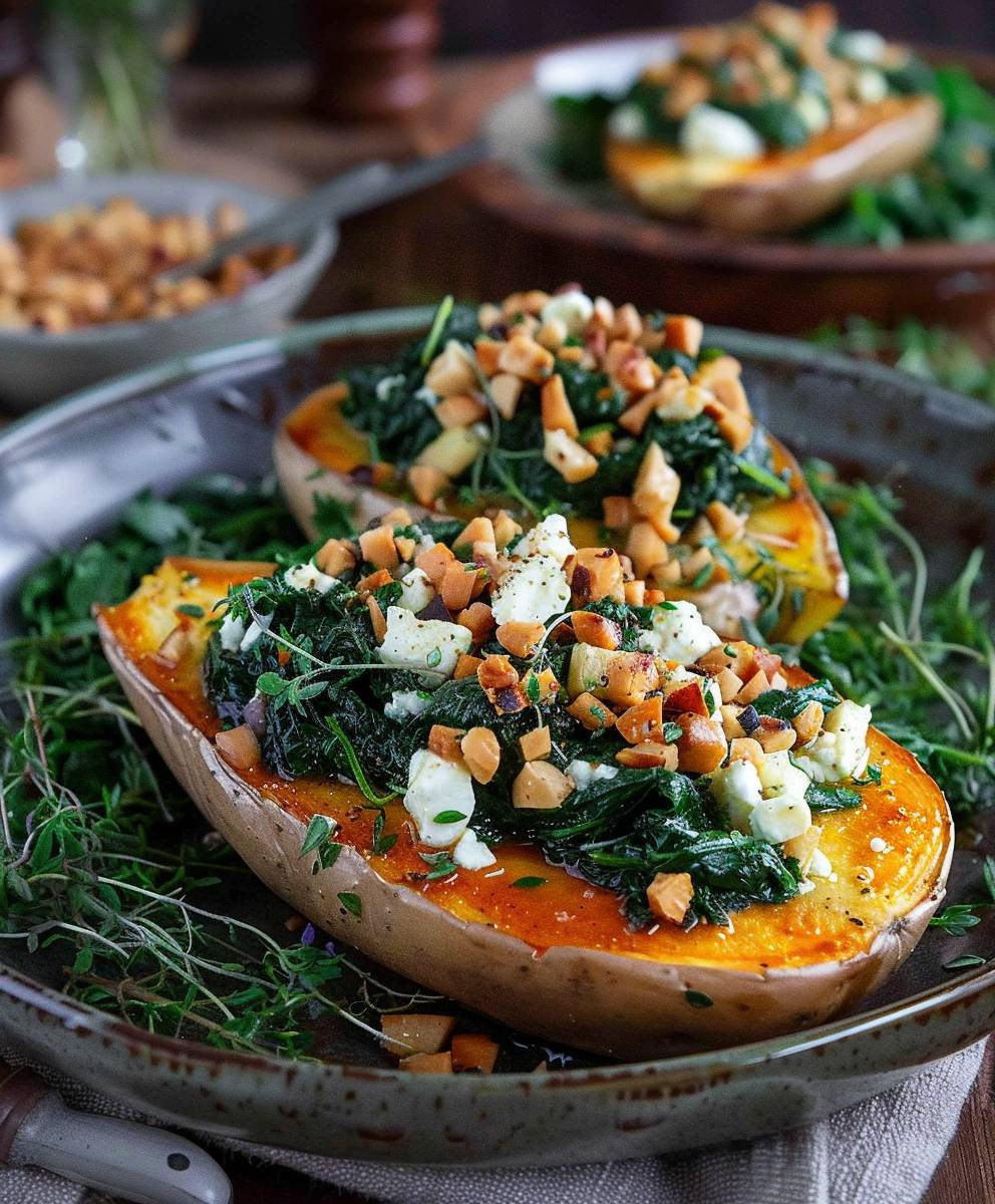 Gefüllte Süßkartoffel Spinat Feta