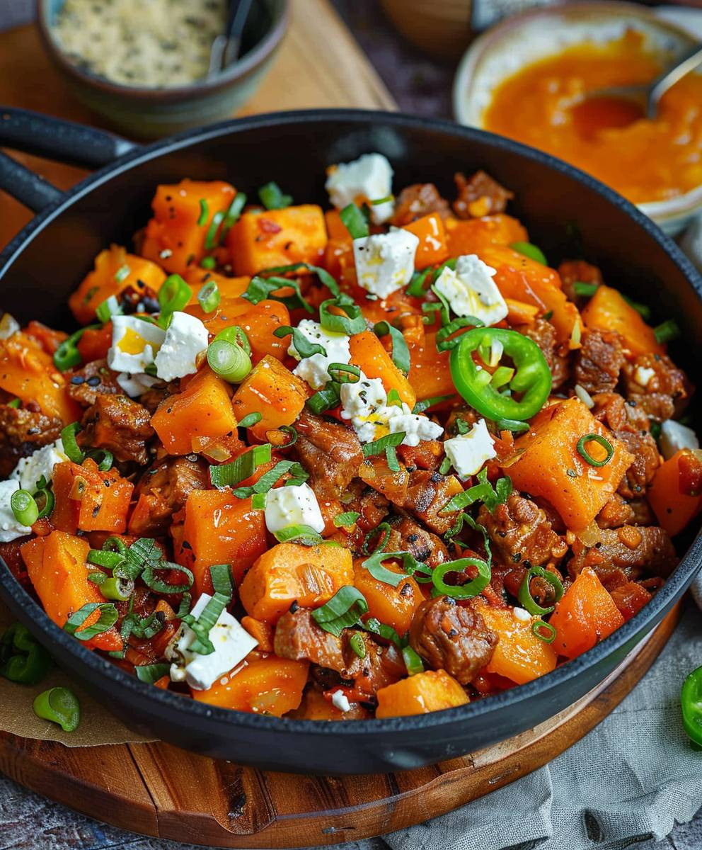 Kürbis Hackfleisch Pfanne Feta