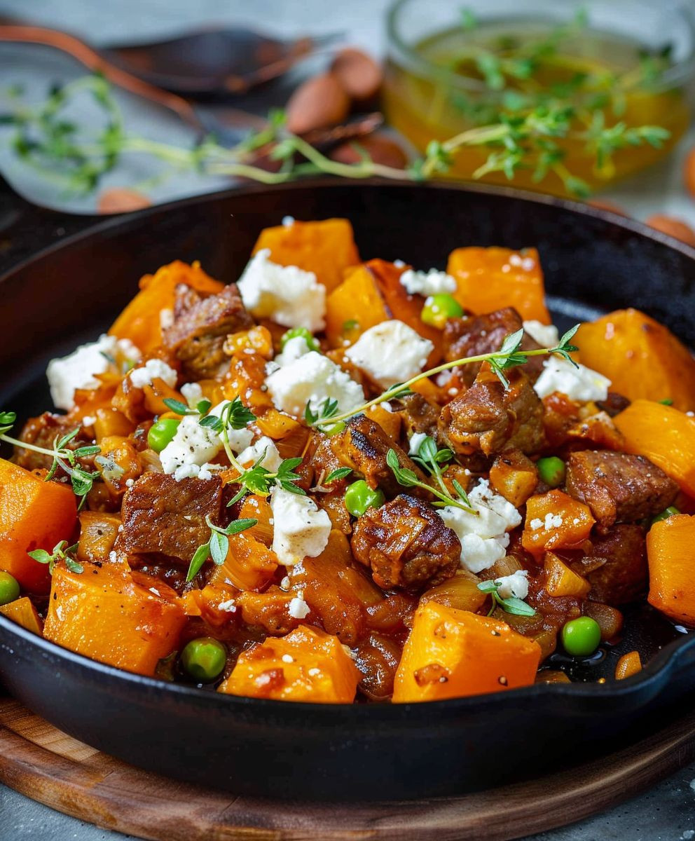 Kürbis Hackfleisch Pfanne Feta