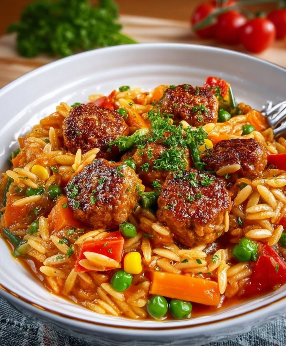 Orzo Pfanne mit Hackbällchen