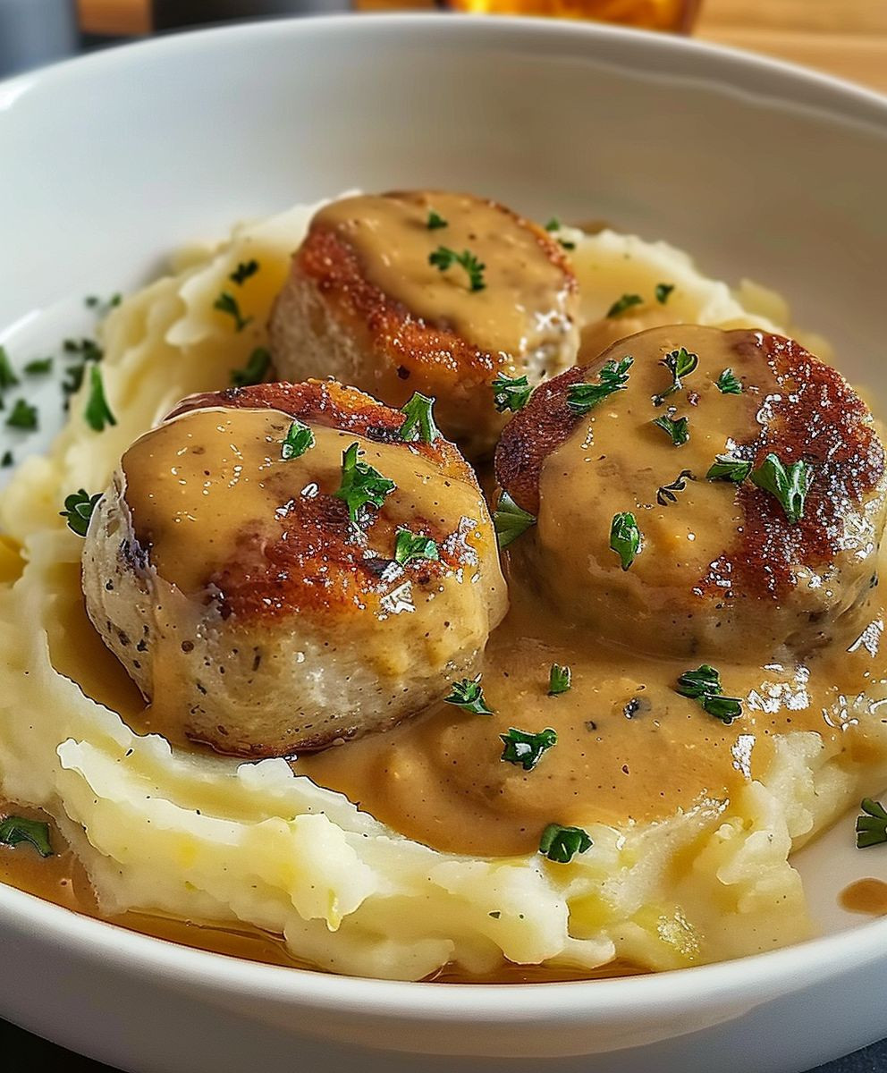 Hackbällchen cremige Sauce Kartoffelpüree