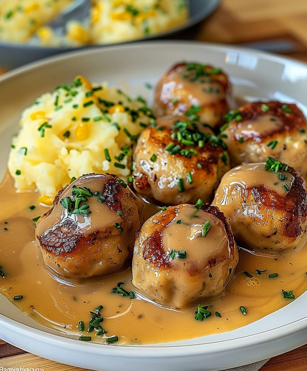 Hackbällchen cremige Sauce Kartoffelpüree