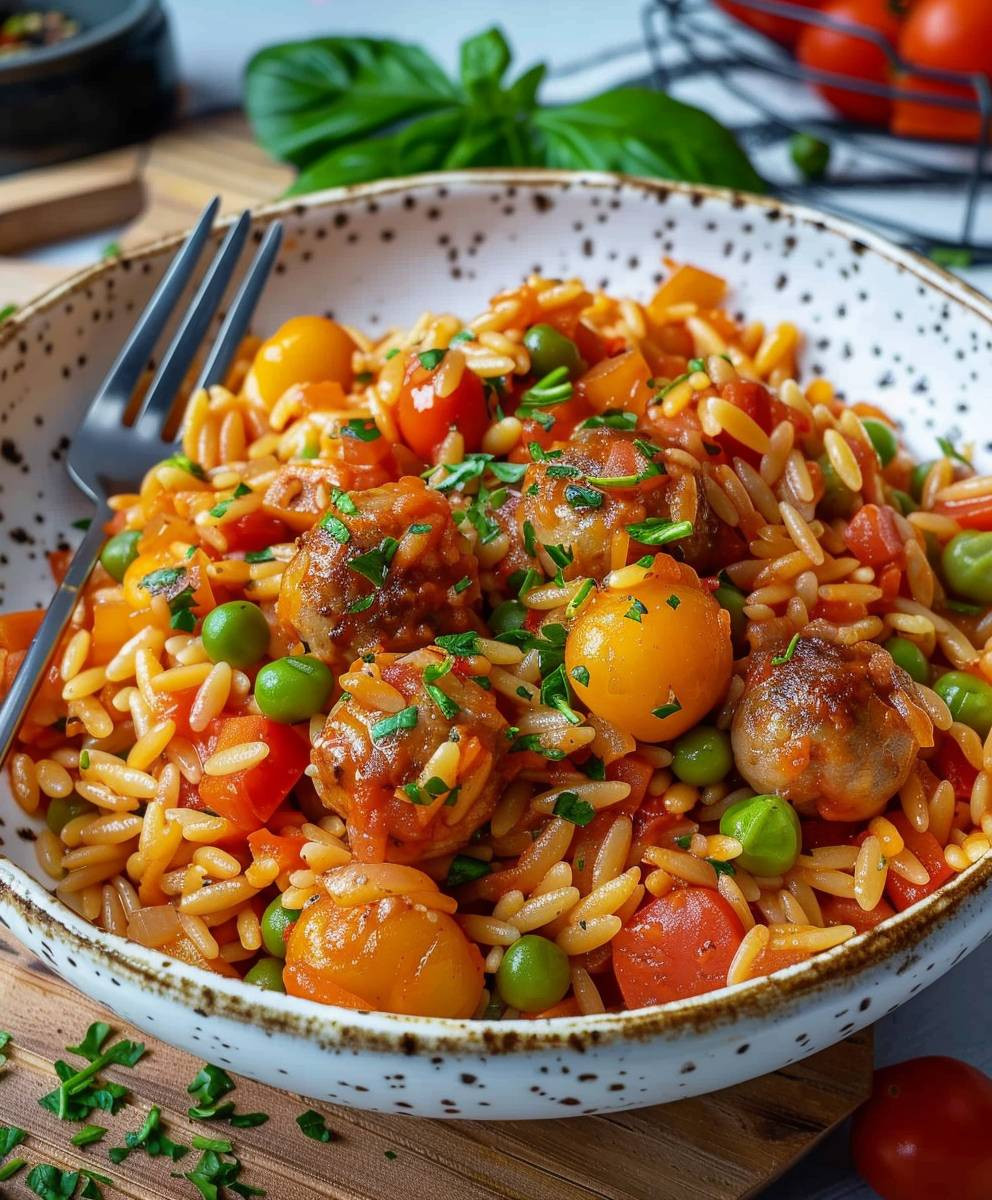 Orzo Pfanne mit Hackbällchen