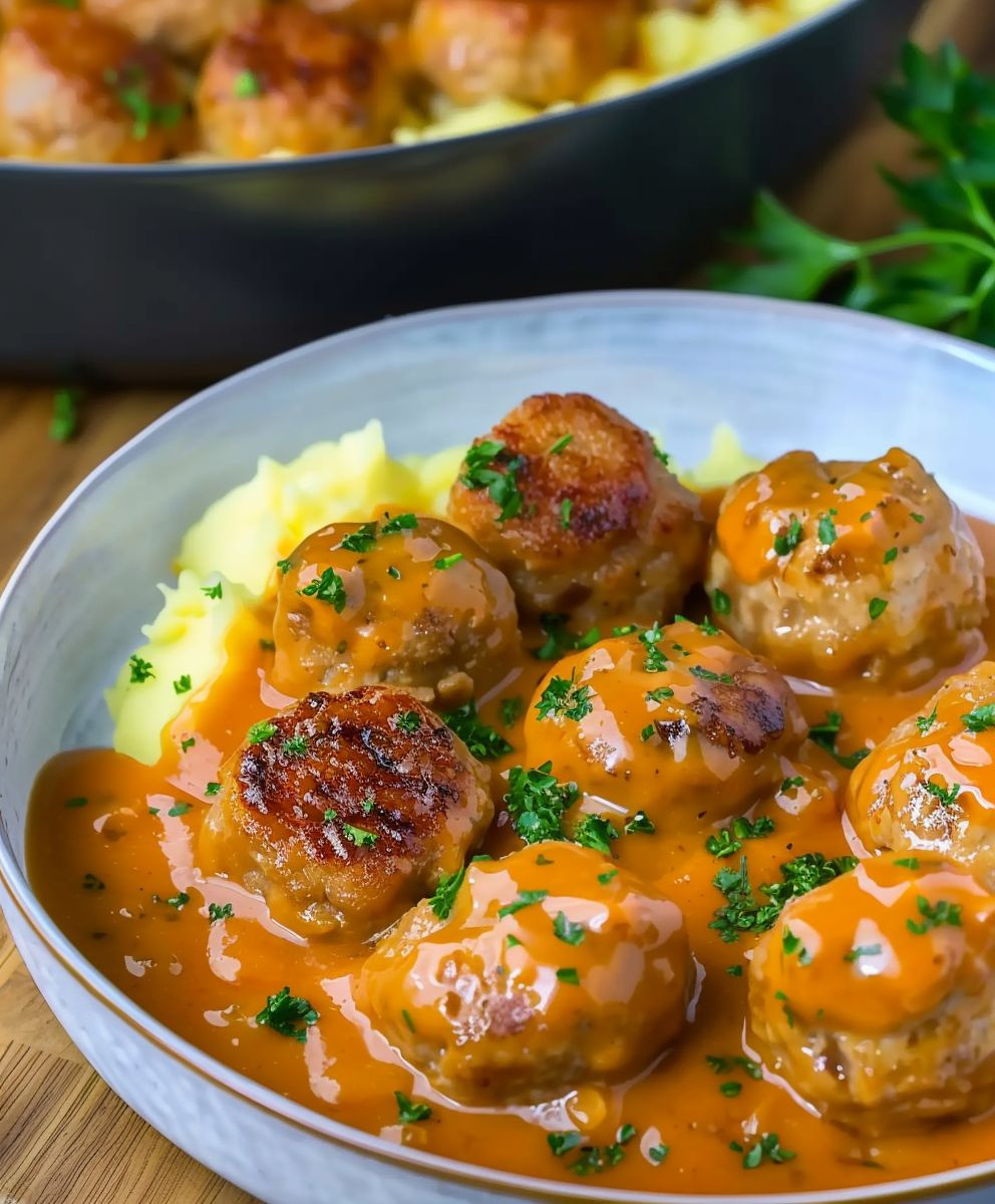 Hackbällchen cremige Sauce Kartoffelpüree