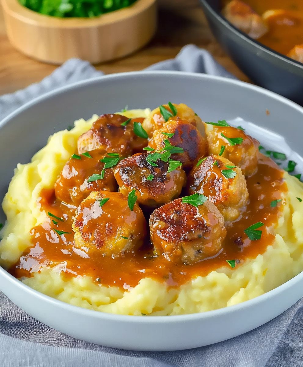 Hackbällchen cremige Sauce Kartoffelpüree