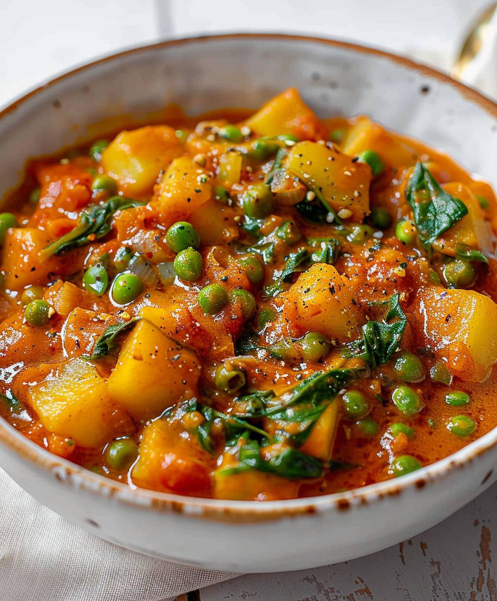 Veganes Kartoffelcurry Spinat Erbsen