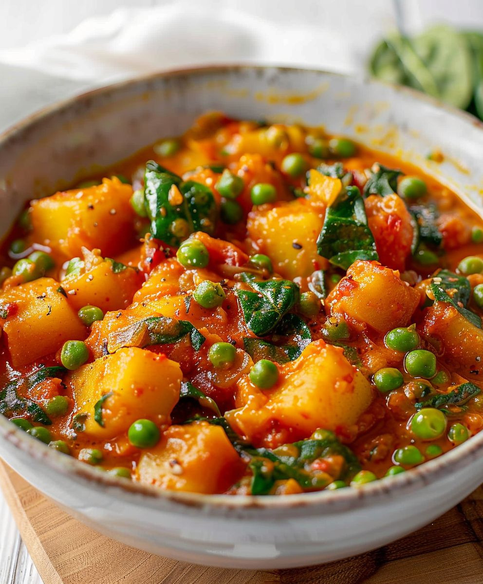 Veganes Kartoffelcurry Spinat Erbsen