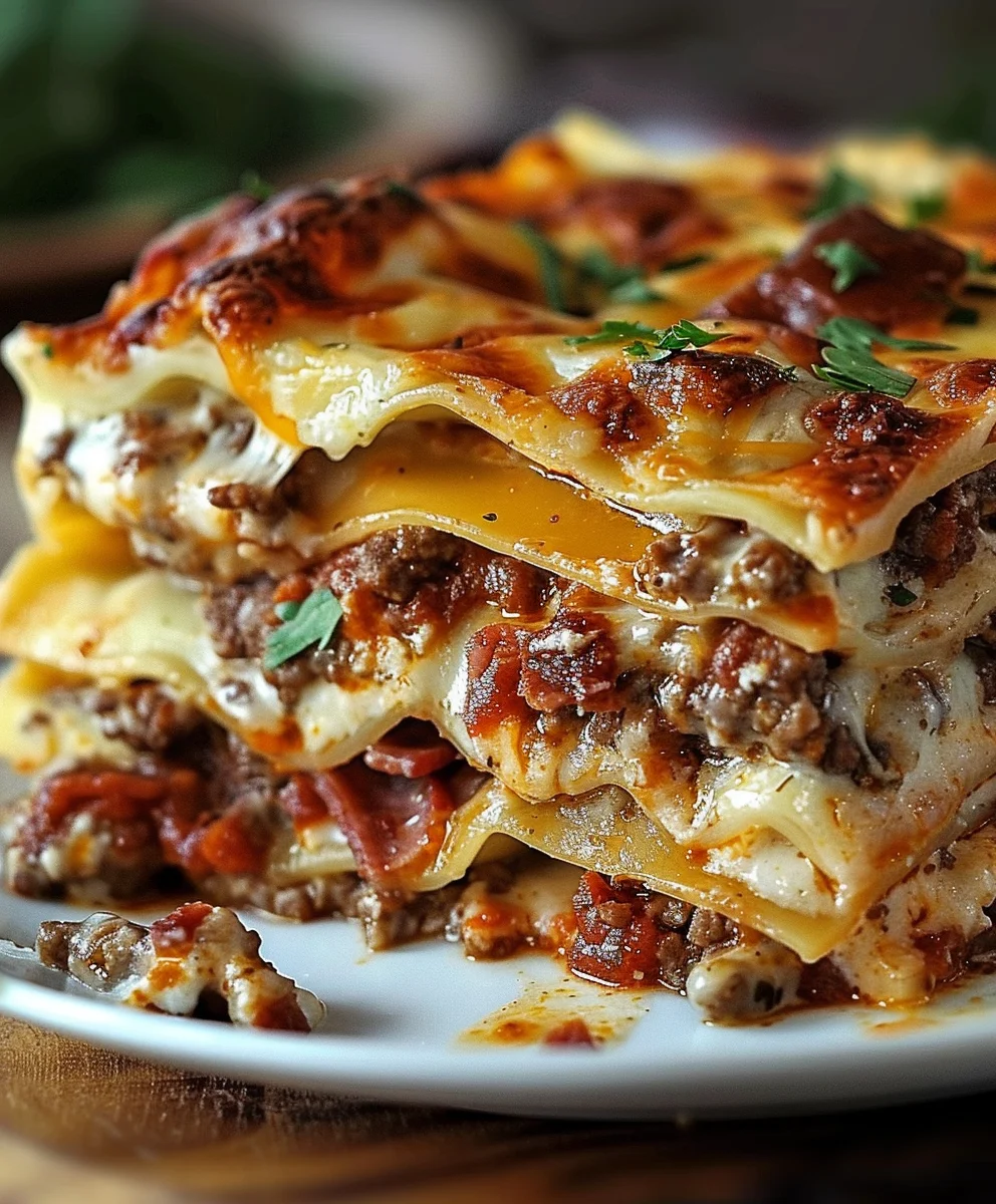 Cheeseburger Lasagne: Rindfleisch Bacon, Knoblauch Parmesan