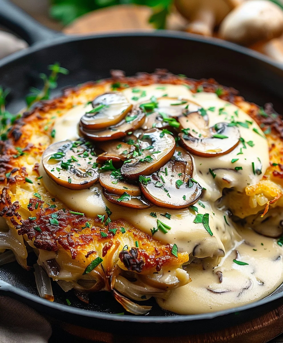Cremige Mozzarella Roesti mit Zwiebel-Pilzrahmsauce Rezept