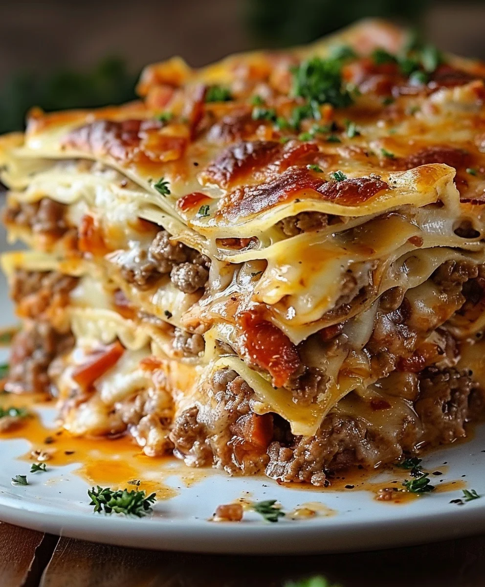 Cheeseburger Lasagne: Rindfleisch Bacon, Knoblauch Parmesan