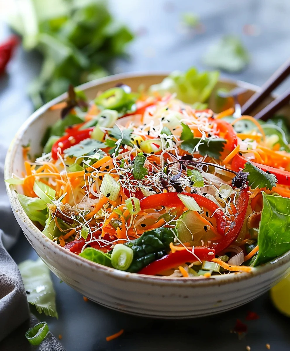 Frühlingsrollen Salat mit scharfem Wacholder-Dressing