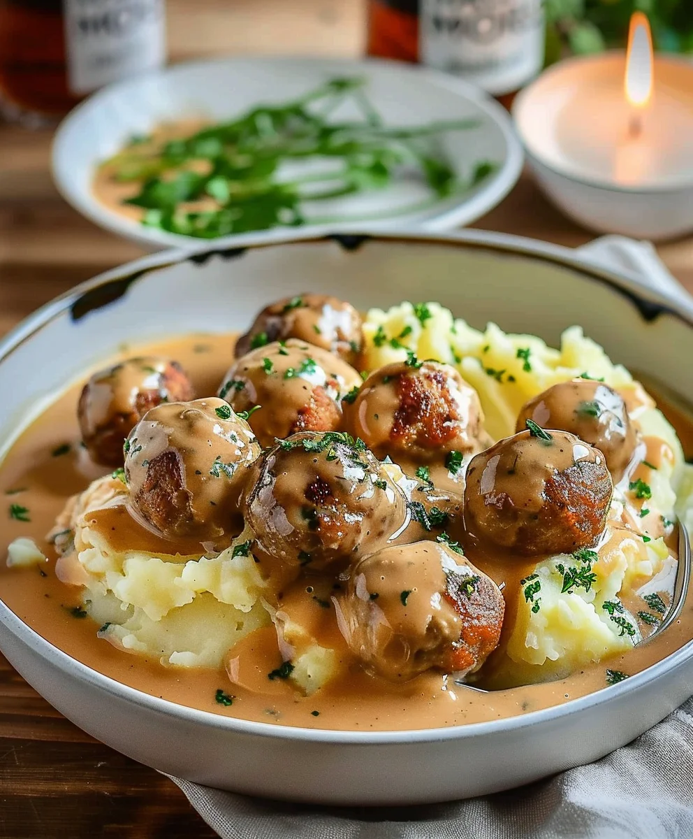 Wohlfühl-Hackbällchen in cremiger Sauce & Kartoffelpüree