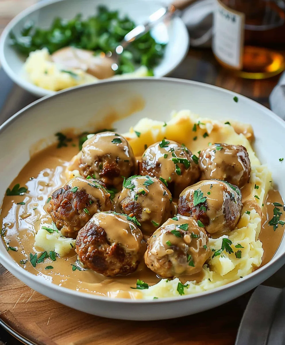 Wohlfühl-Hackbällchen in cremiger Sauce & Kartoffelpüree