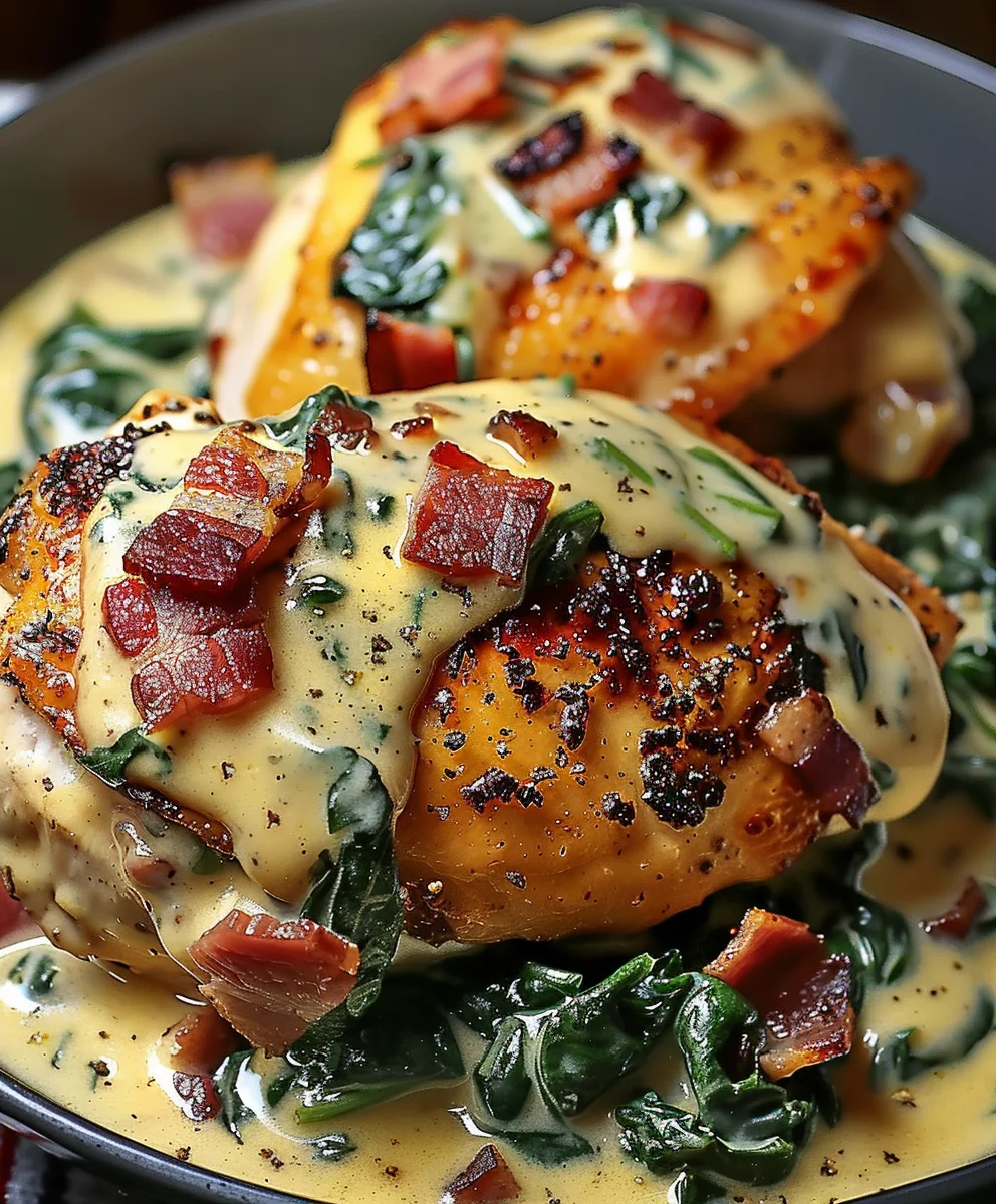 Geschmortes Hähnchen: Cremiger Spinat, Beefspeck & Pilze