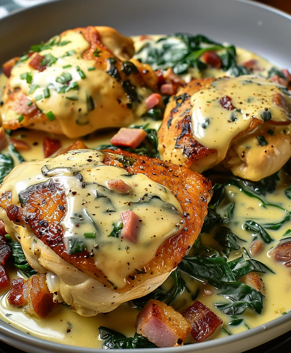 Geschmortes Hähnchen: Cremiger Spinat, Beefspeck & Pilze
