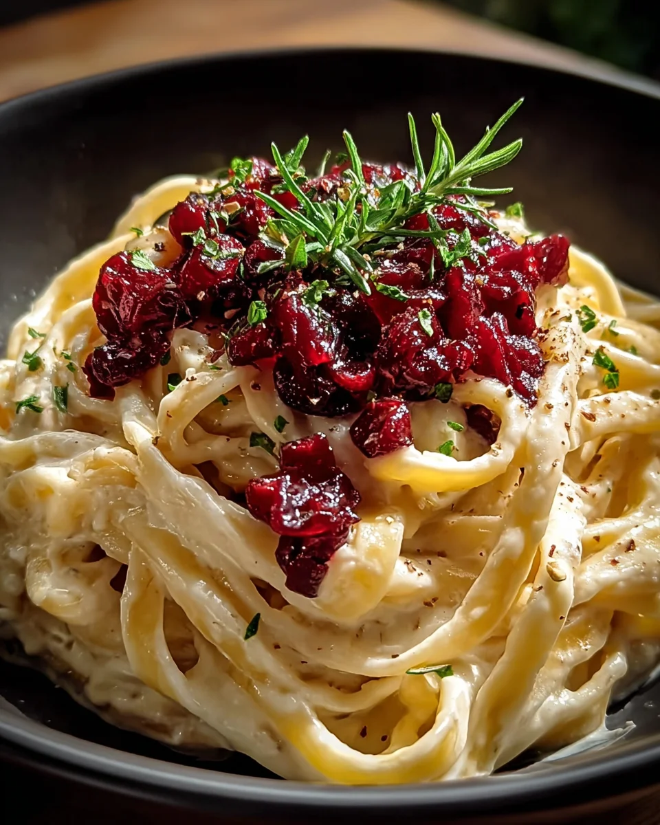 Cremige Brie Pasta mit alkoholfreiem Preiselbeer Kompott