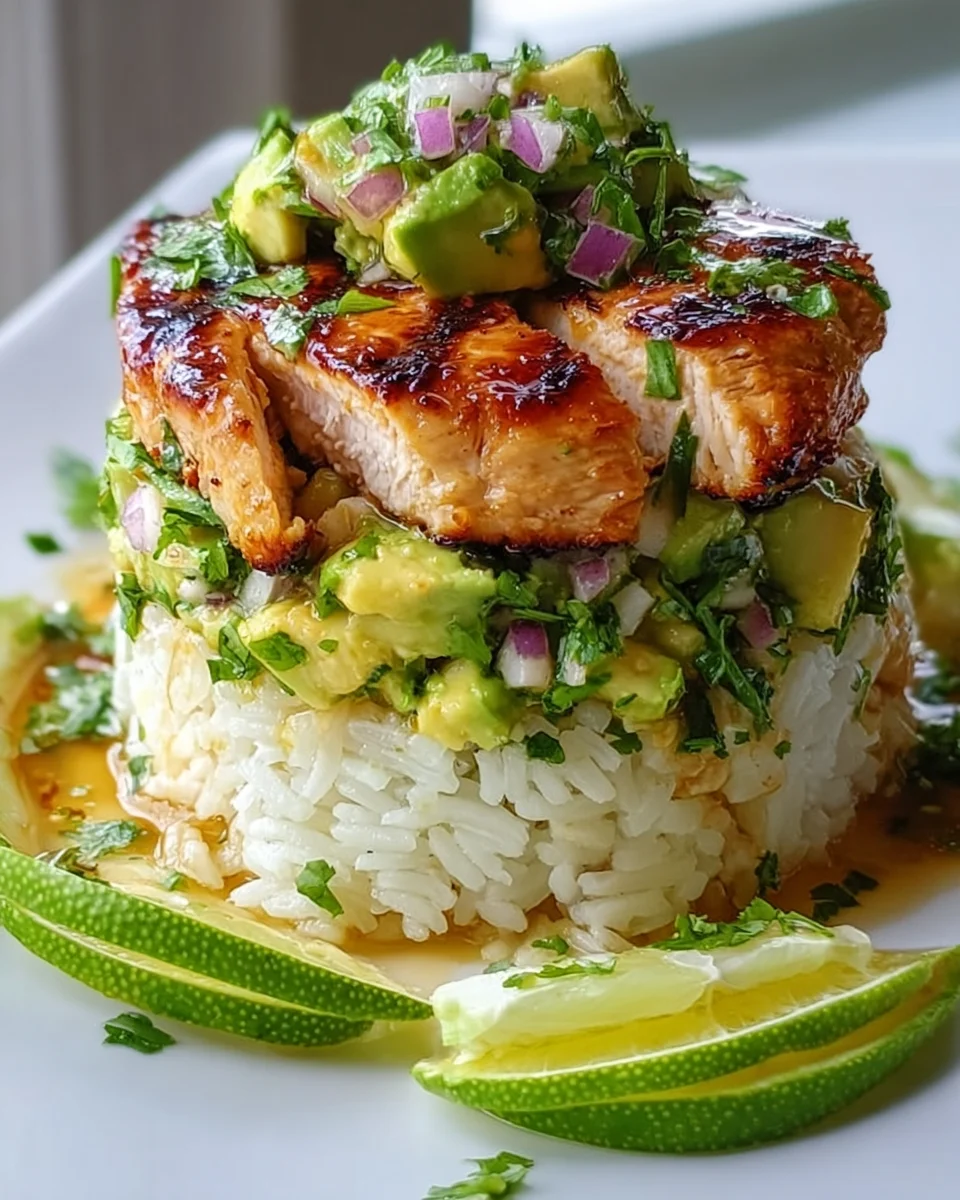 Hähnchen-Avocado Reis Stack: Honig-Limette Geschmacksexplosion