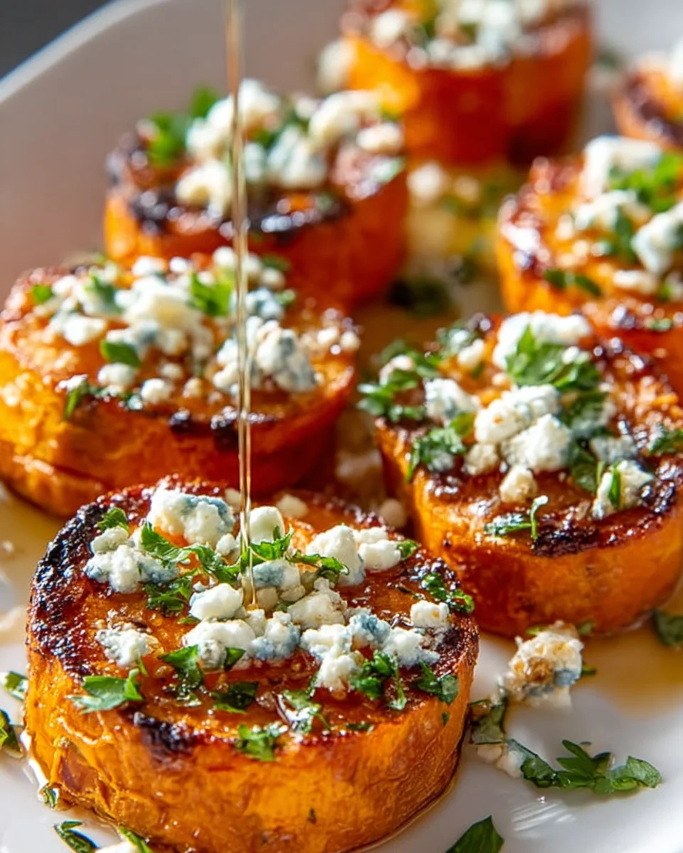 Geröstete Süßkartoffelrunden mit Honig-Feta Rezept