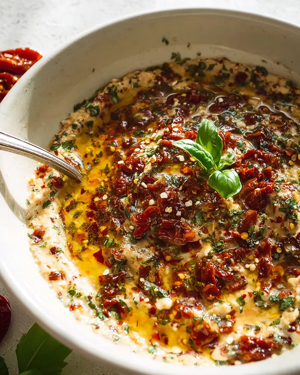 Mediterraner Dip mit getrockneten Tomaten und Knoblauchöl